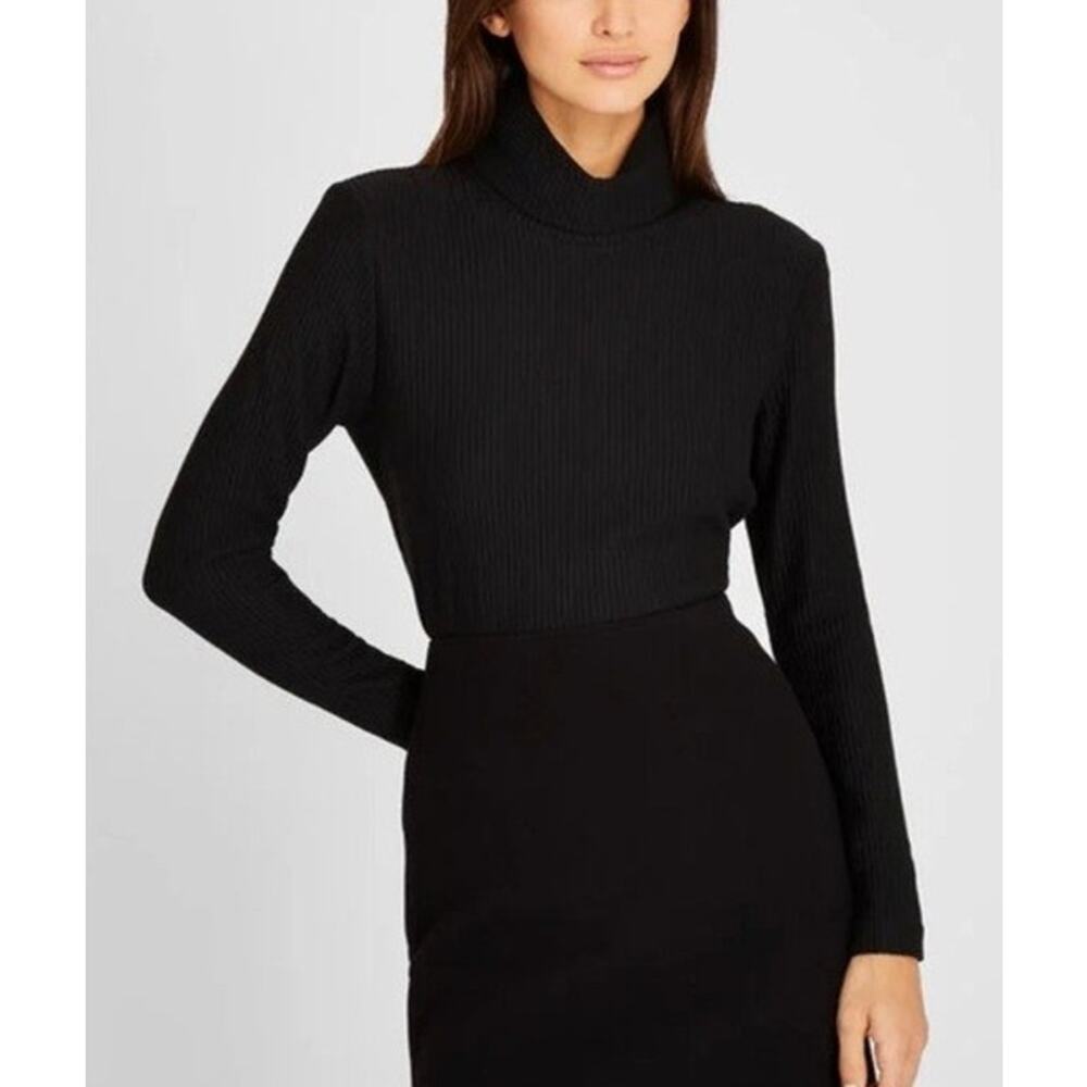 Club Monaco Meredy Rib Knit Turtleneck Top Small Black Minimalist Quiet Luxury